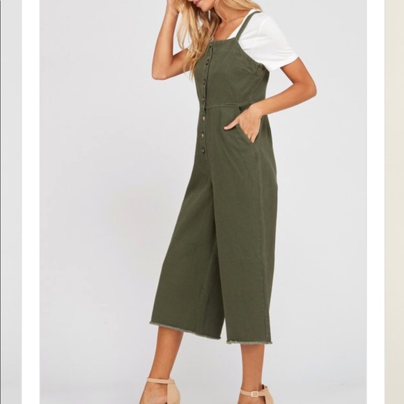 Olive Denim Cropped Jumpsuit - Picture 2 of 4